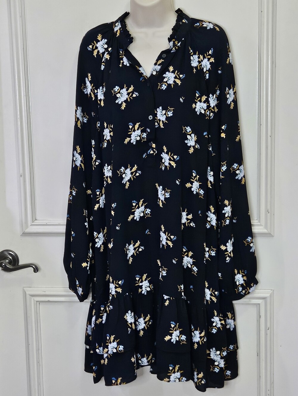 LOFT Navy Blue Multi-Color Floral Long Sleeve Midi Dress, X-Large - Picture 16 of 16